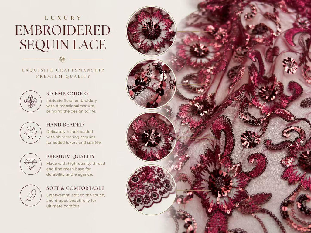 Luxury Burgundy Beaded Sequin Lace Fabric by the Yard, Floral Embroidered Tulle Material for Bridal Gown, Evening Dress & Couture Fashion