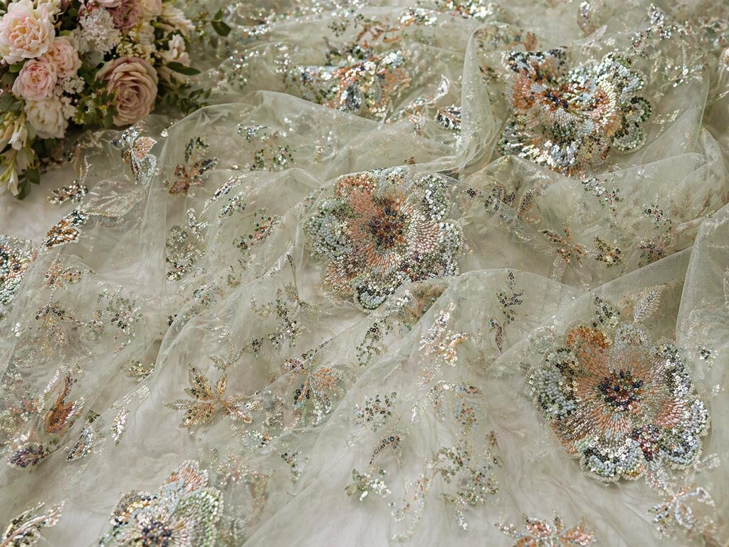 Sage Green Beaded Embroidered Lace Fabric, Luxury Floral Sequin Tulle, Couture Dress Fabric by the Yard, Bridal Evening Lace