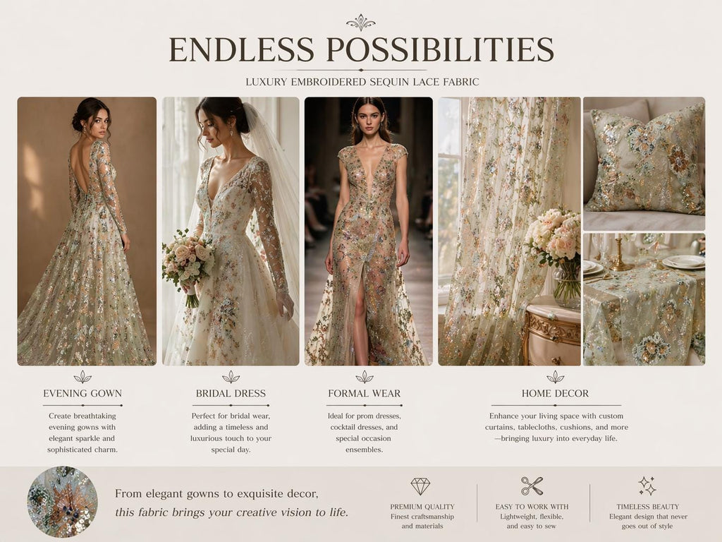 Sage Green Beaded Embroidered Lace Fabric, Luxury Floral Sequin Tulle, Couture Dress Fabric by the Yard, Bridal Evening Lace