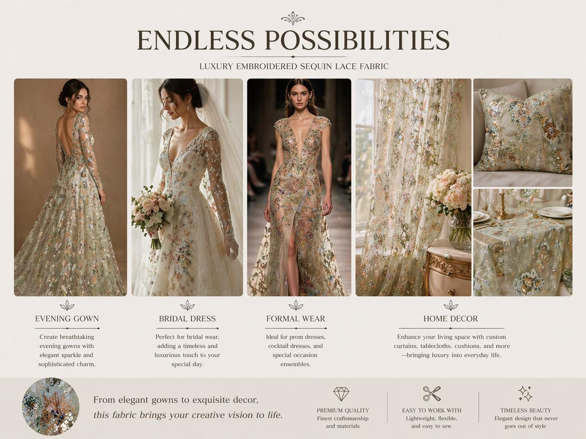 Sage Green Beaded Embroidered Lace Fabric, Luxury Floral Sequin Tulle, Couture Dress Fabric by the Yard, Bridal Evening Lace