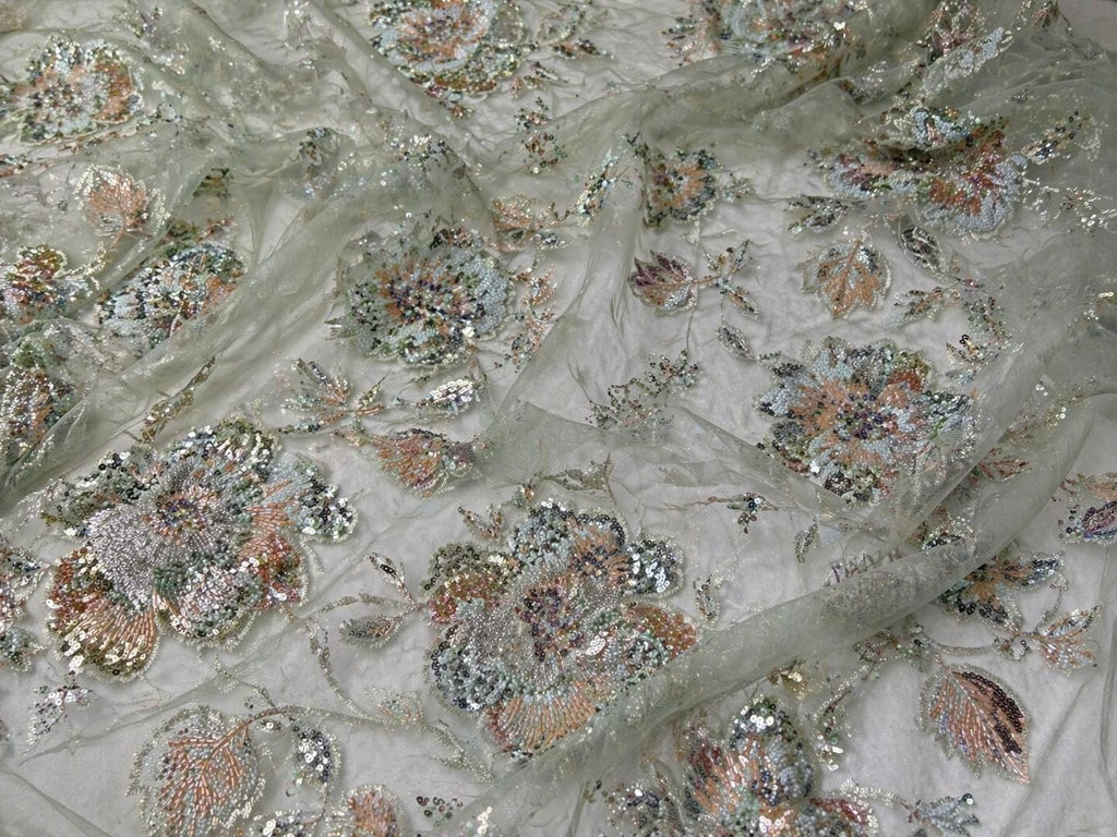Sage Green Beaded Embroidered Lace Fabric, Luxury Floral Sequin Tulle, Couture Dress Fabric by the Yard, Bridal Evening Lace