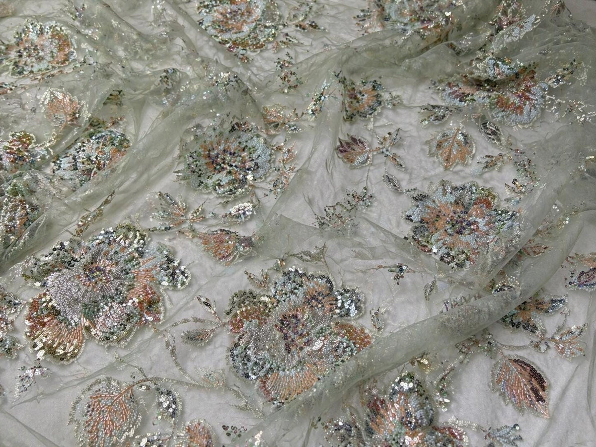Sage Green Beaded Embroidered Lace Fabric, Luxury Floral Sequin Tulle, Couture Dress Fabric by the Yard, Bridal Evening Lace