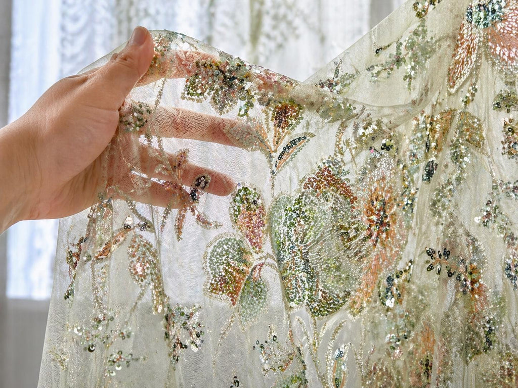 Sage Green Beaded Embroidered Lace Fabric, Luxury Floral Sequin Tulle, Couture Dress Fabric by the Yard, Bridal Evening Lace