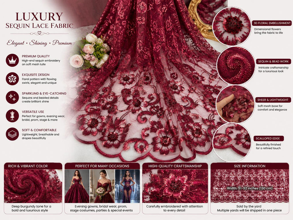 urgundy Floral Beaded Lace Fabric, Sequin Embroidered Tulle Mesh, Wine Red Bridal Wedding Dress Fabric, Luxury Evening Gown Material By Yard