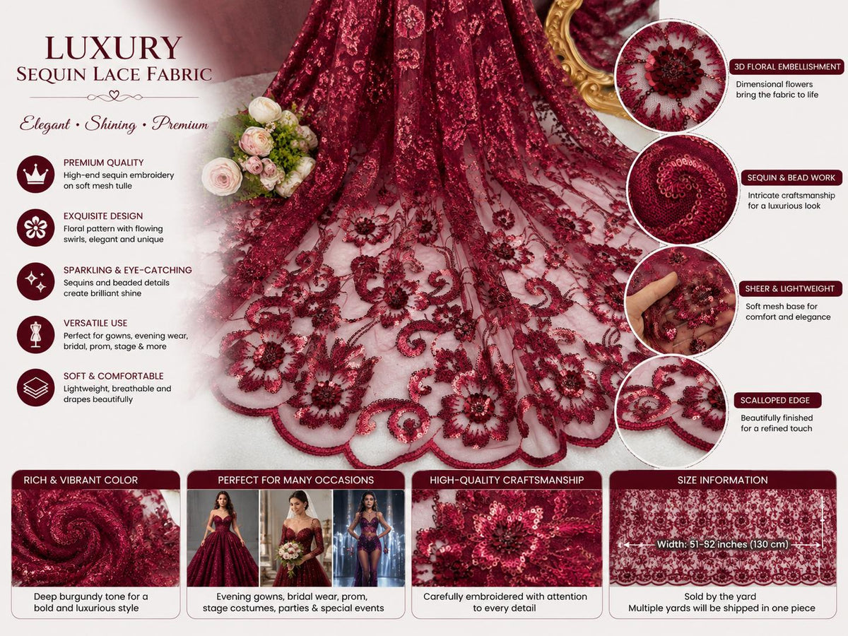 urgundy Floral Beaded Lace Fabric, Sequin Embroidered Tulle Mesh, Wine Red Bridal Wedding Dress Fabric, Luxury Evening Gown Material By Yard