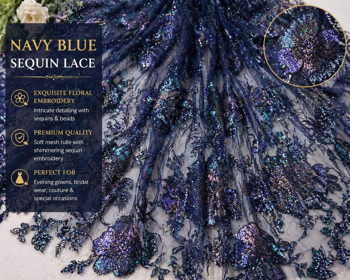 Emerald Green Sequin Lace Fabric by the Yard, 3D Floral Embroidered Tulle Material for Bridal Gown, Wedding Dress & Evening Wear