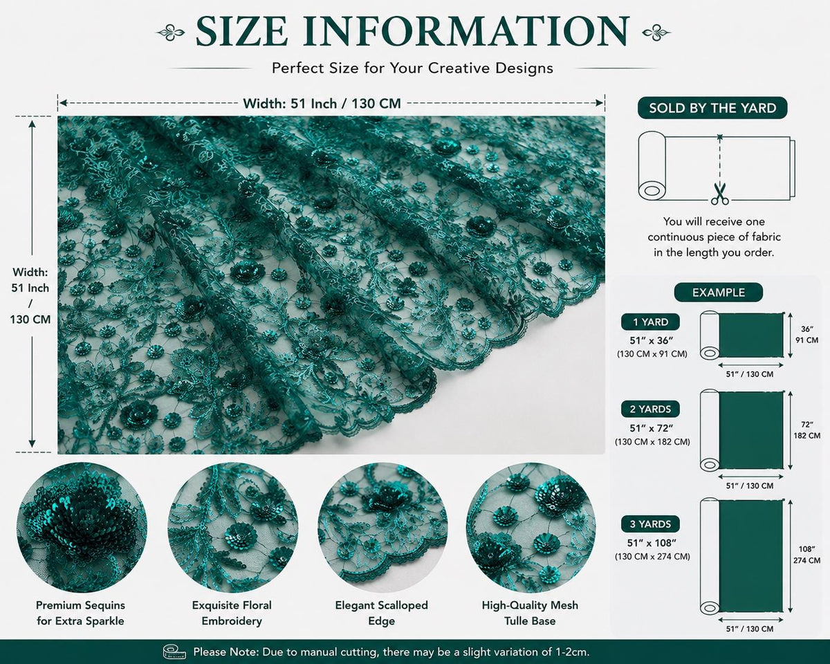 Emerald Green Sequin Lace Fabric by the Yard, Floral Embroidered Tulle Mesh, Luxury Bridal Lace for Wedding Dress, Evening Gown Sewing