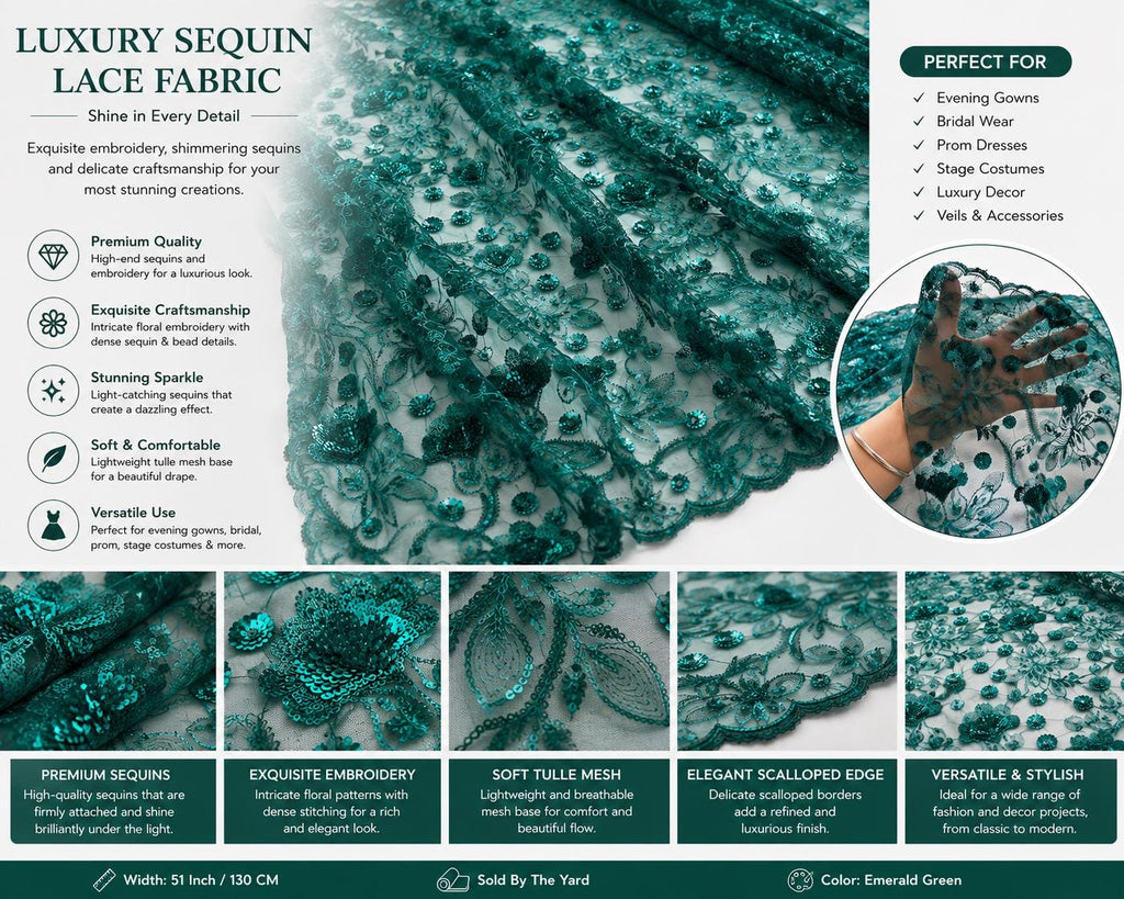 Emerald Green Sequin Lace Fabric by the Yard, Floral Embroidered Tulle Mesh, Luxury Bridal Lace for Wedding Dress, Evening Gown Sewing