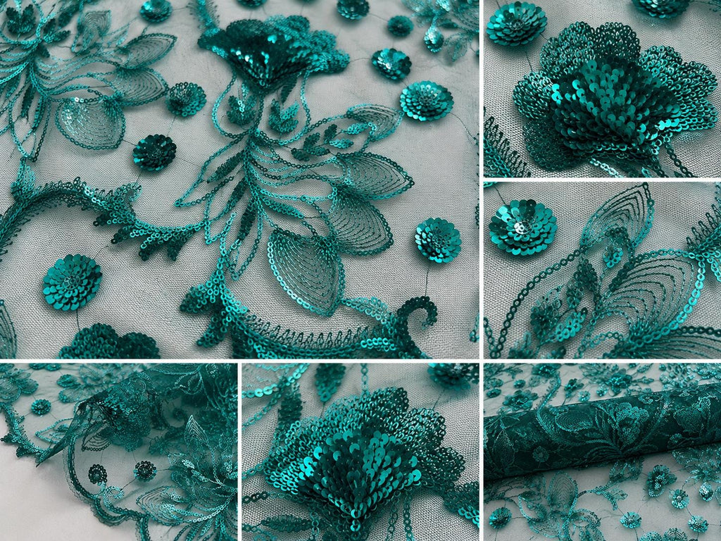 Emerald Green Sequin Lace Fabric by the Yard, Floral Embroidered Tulle Mesh, Luxury Bridal Lace for Wedding Dress, Evening Gown Sewing