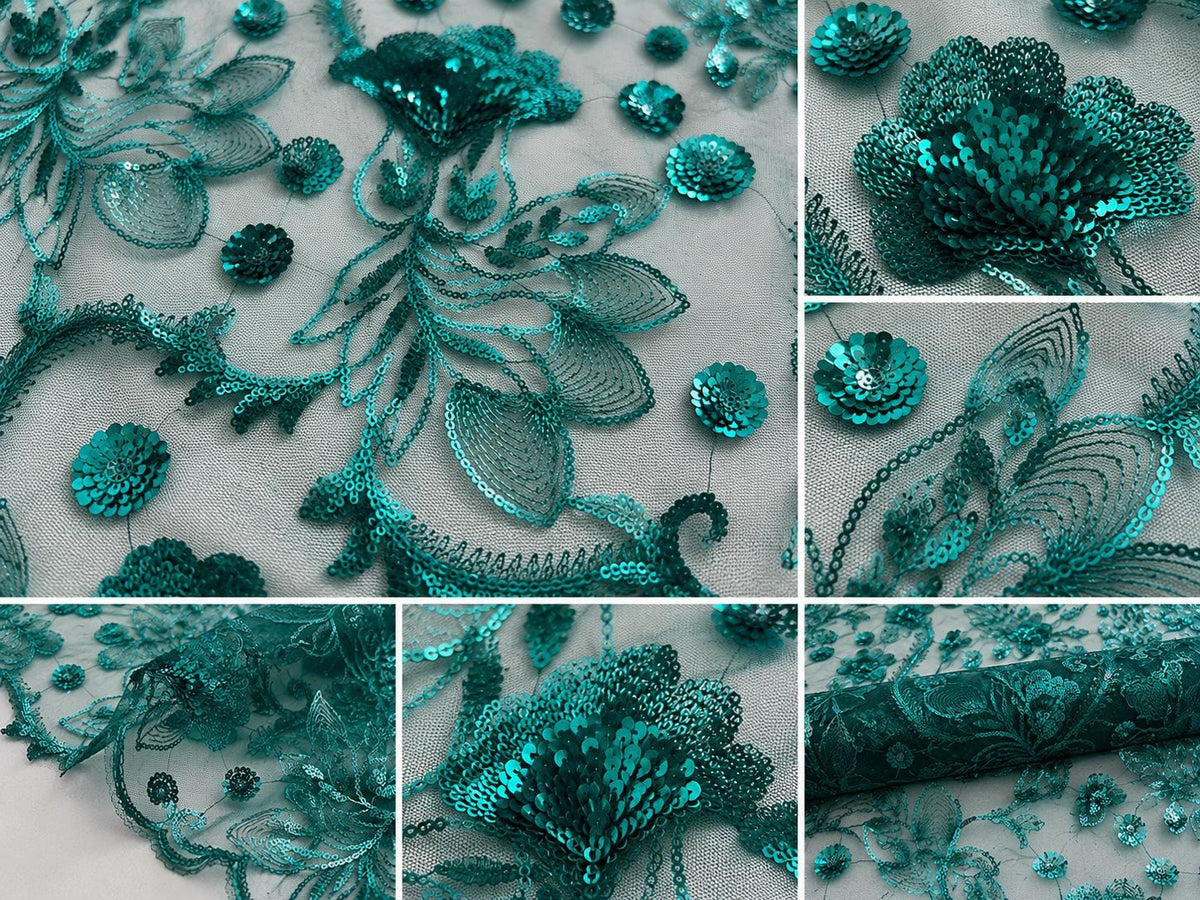 Emerald Green Sequin Lace Fabric by the Yard, Floral Embroidered Tulle Mesh, Luxury Bridal Lace for Wedding Dress, Evening Gown Sewing