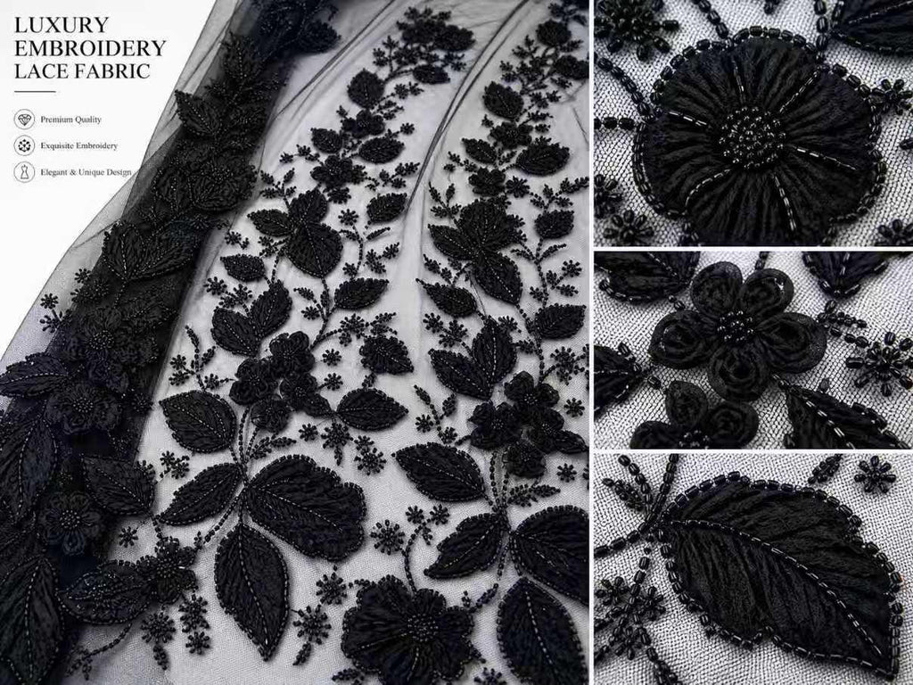 Black Beaded Lace Fabric by the Yard, 3D Floral Embroidered Tulle Mesh for Bridal Wedding Dress, Evening Gown & Couture Fashion