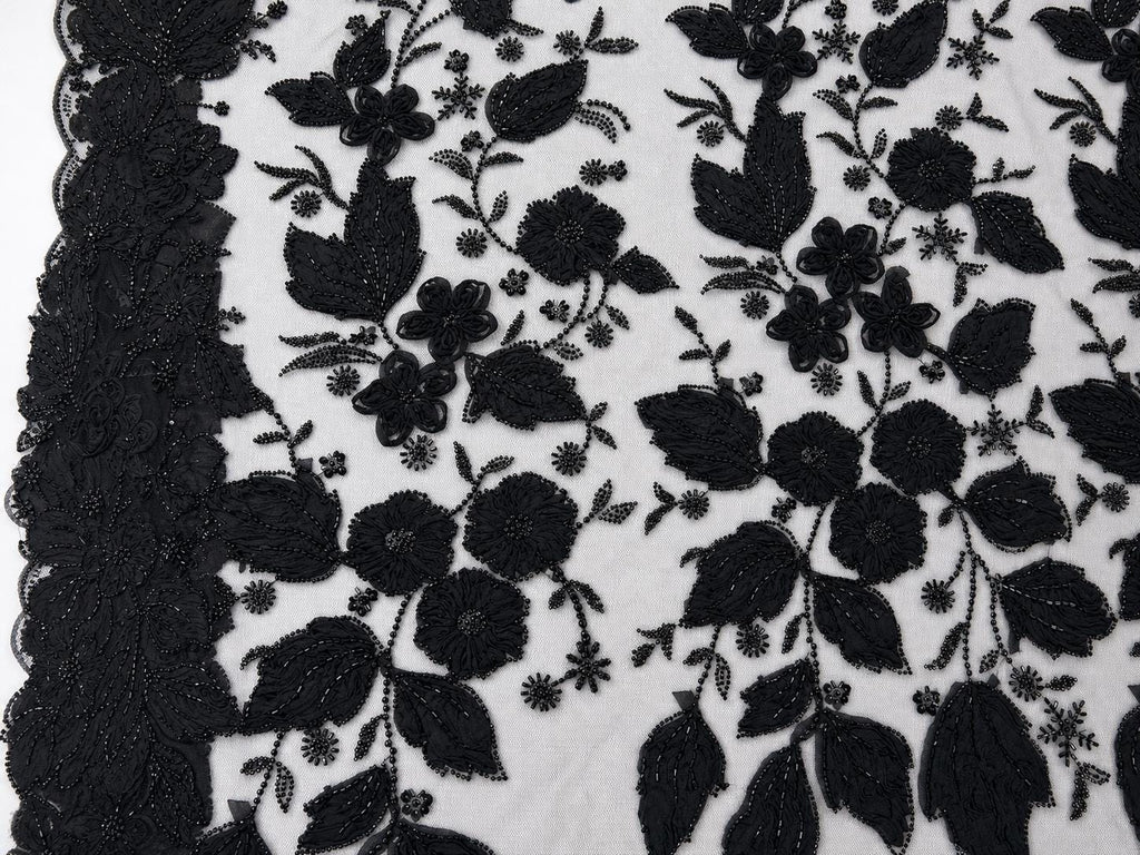 Black Beaded Lace Fabric by the Yard, 3D Floral Embroidered Tulle Mesh for Bridal Wedding Dress, Evening Gown & Couture Fashion