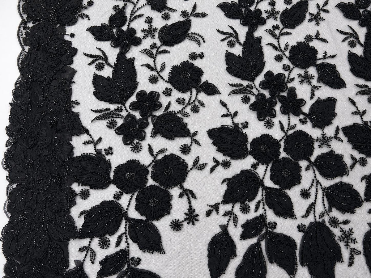 Black Beaded Lace Fabric by the Yard, 3D Floral Embroidered Tulle Mesh for Bridal Wedding Dress, Evening Gown & Couture Fashion