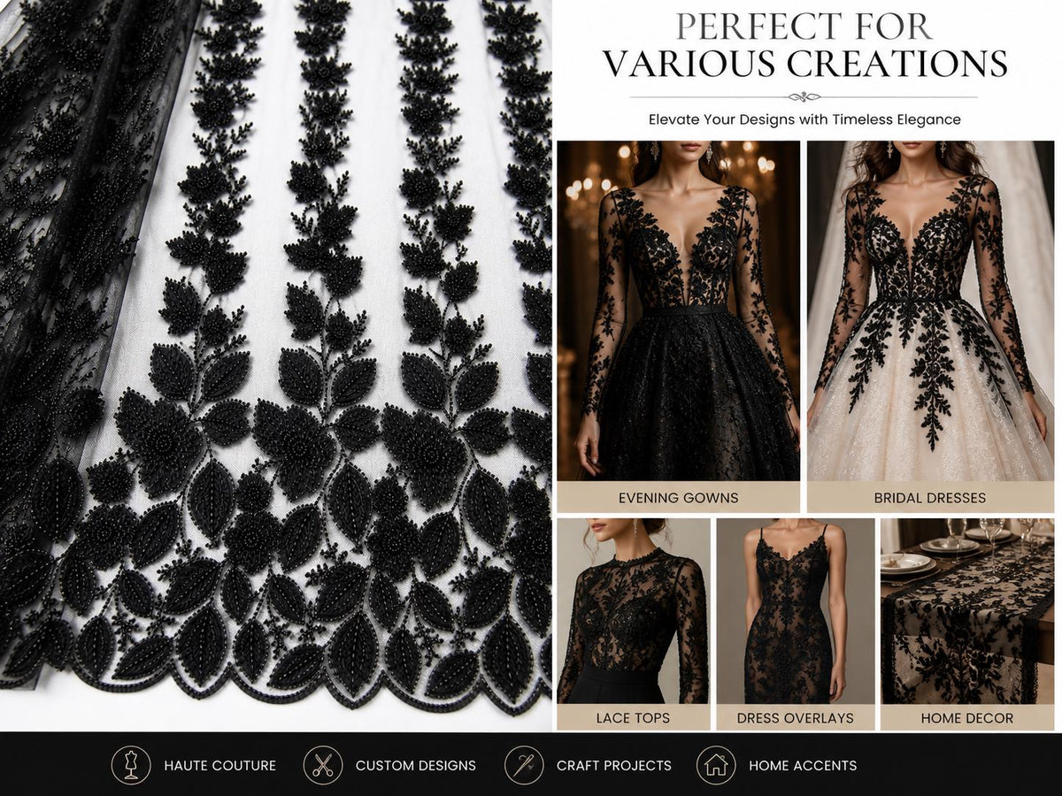 Black Beaded Lace Fabric by the Yard, 3D Floral Embroidered Tulle Mesh for Bridal Wedding Dress, Evening Gown & Couture Fashion