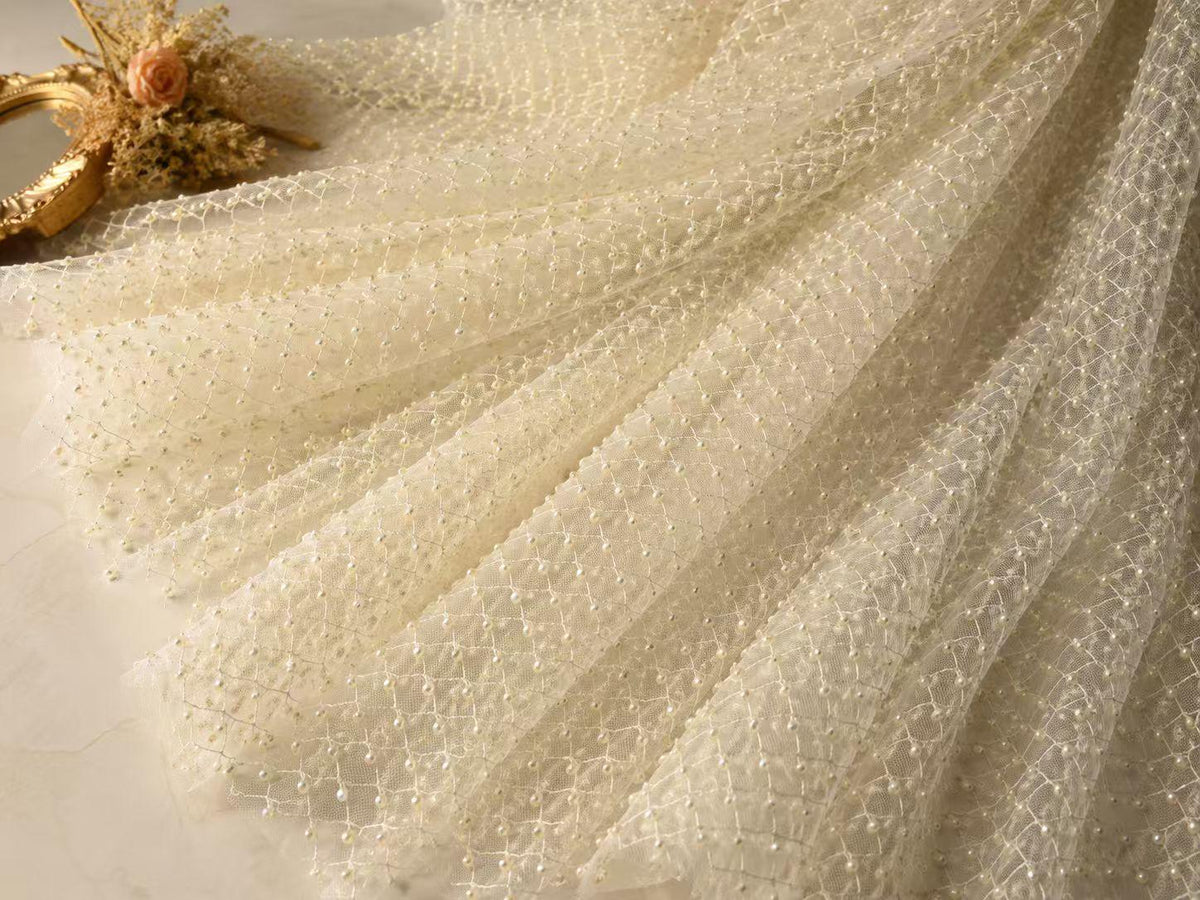 Ivory Crystal Beaded Mesh Fabric by Yard, Rhinestone Embellished Bridal Lace for Wedding Dress, Couture Gown Material