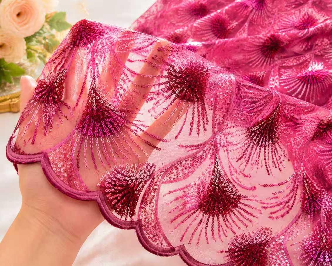 Fuchsia Sequin Lace Fabric by Yard, Embroidered Mesh Tulle for Evening Dress, Prom Gown & Couture Sewing