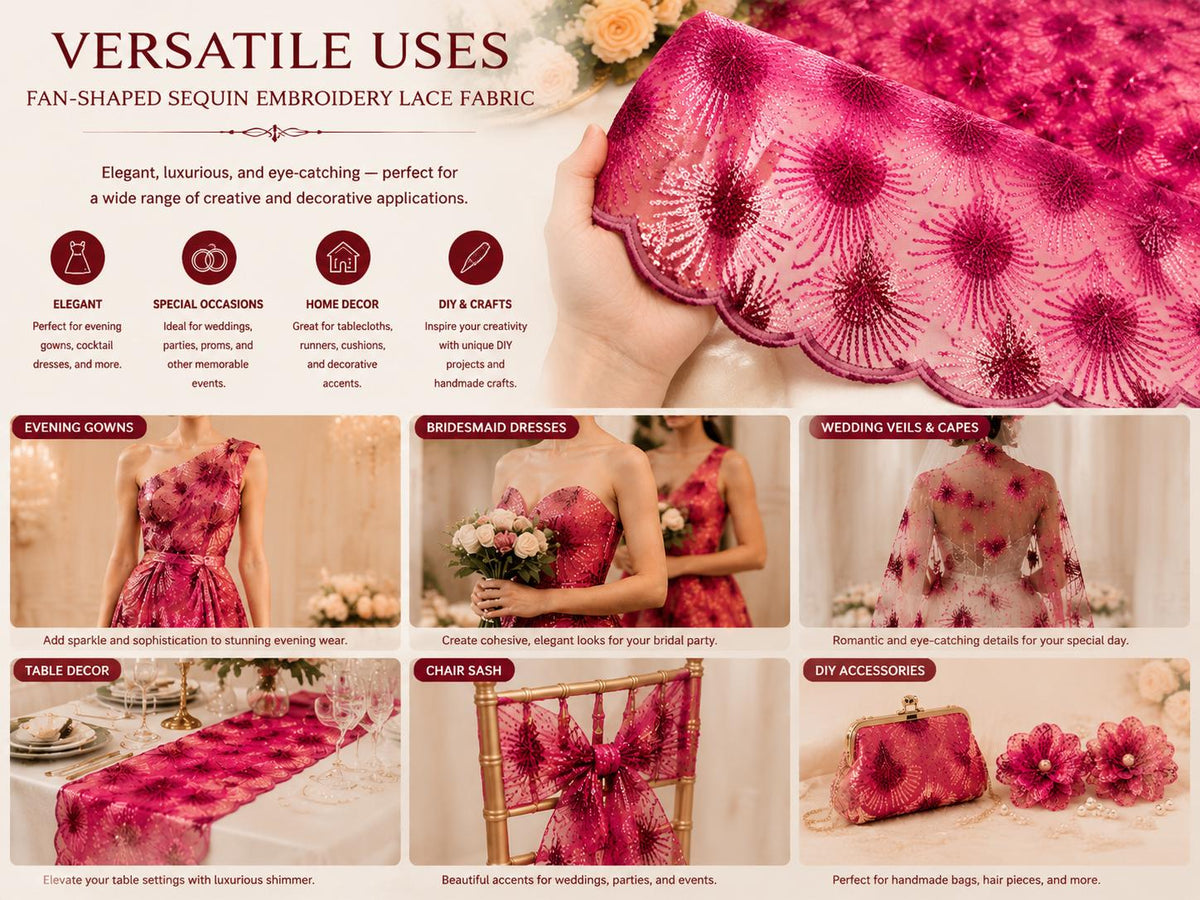 Fuchsia Sequin Lace Fabric by Yard, Embroidered Mesh Tulle for Evening Dress, Prom Gown & Couture Sewing