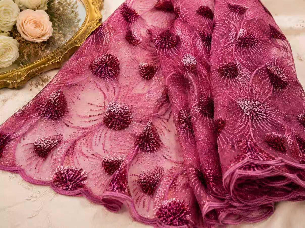 Fuchsia Sequin Lace Fabric by Yard, Embroidered Mesh Tulle for Evening Dress, Prom Gown & Couture Sewing