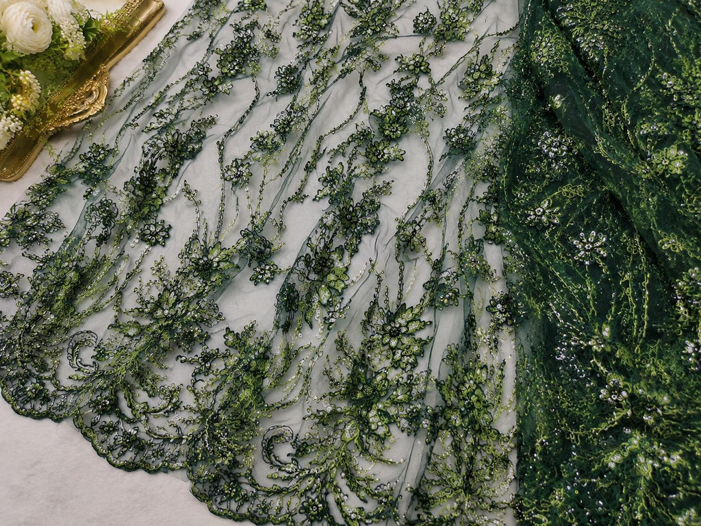 Luxury Green Floral Embroidered Lace Fabric by Yard, Dark Green Beaded Mesh Tulle for Evening Dress & Couture Gown