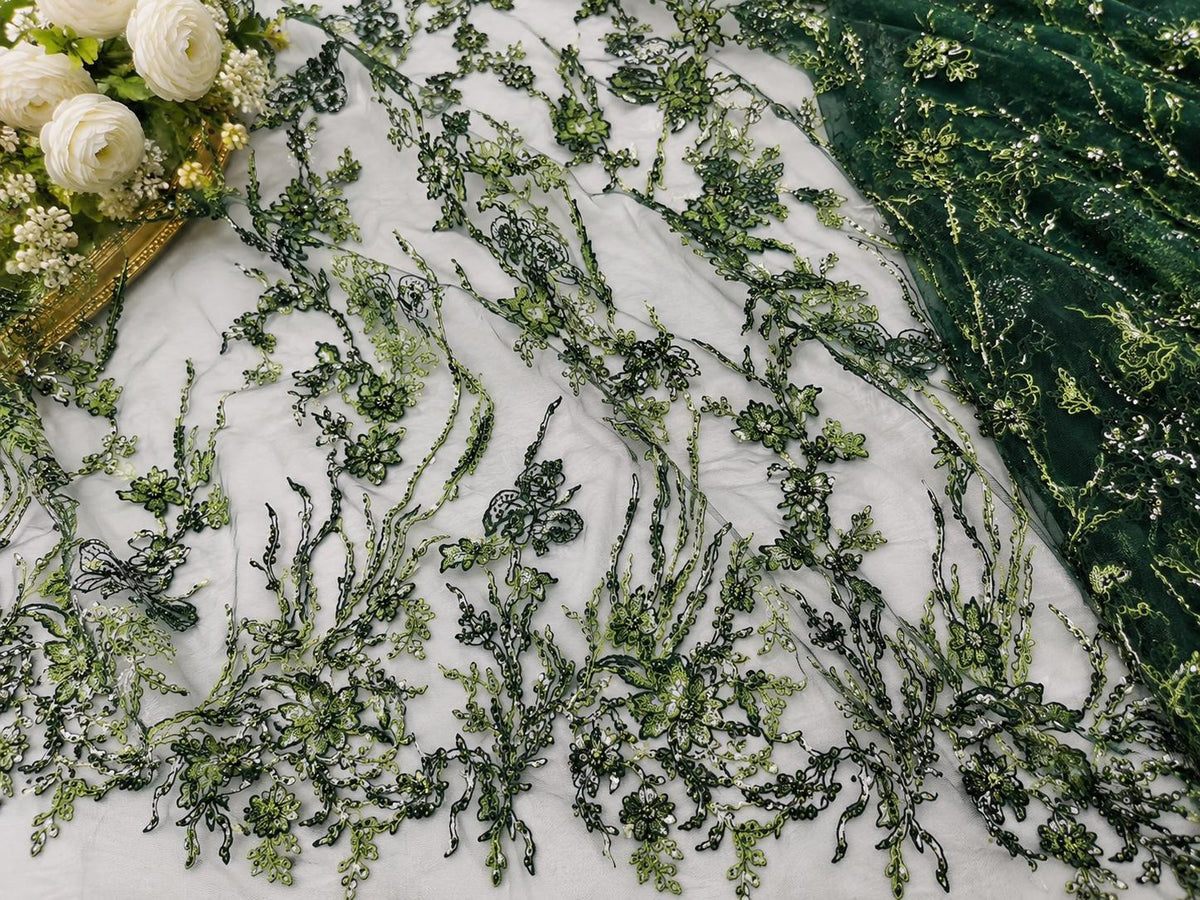 Luxury Green Floral Embroidered Lace Fabric by Yard, Dark Green Beaded Mesh Tulle for Evening Dress & Couture Gown