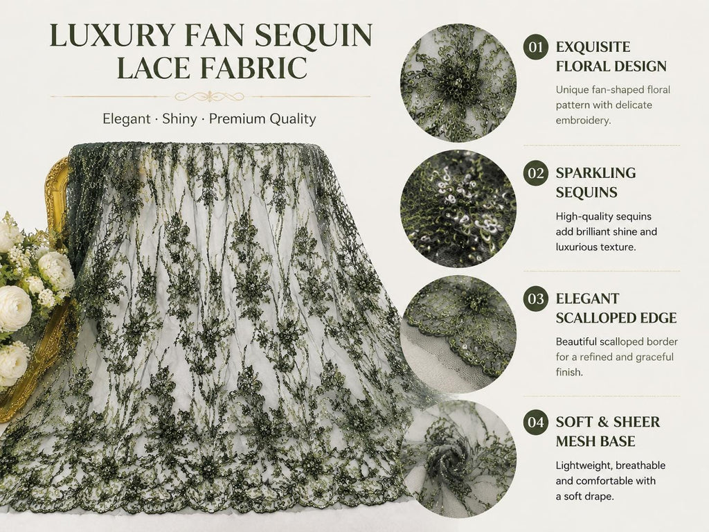 Luxury Green Floral Embroidered Lace Fabric by Yard, Dark Green Beaded Mesh Tulle for Evening Dress & Couture Gown