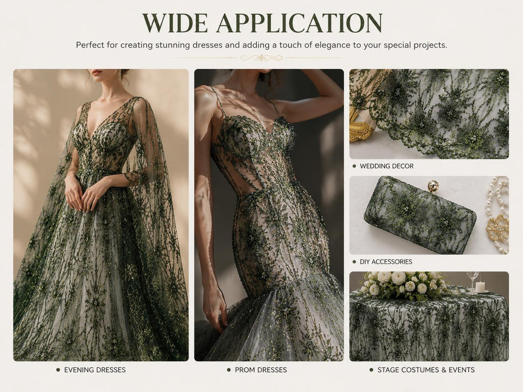 Luxury Green Floral Embroidered Lace Fabric by Yard, Dark Green Beaded Mesh Tulle for Evening Dress & Couture Gown