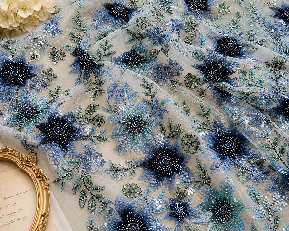 Blue Floral Beaded Lace Fabric by the Yard, 3D Sequin Embroidered Tulle Mesh, Prom Dress Evening Gown Bridal Couture Fabric