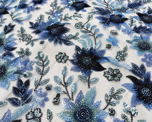 Blue Floral Beaded Lace Fabric by the Yard, 3D Sequin Embroidered Tulle Mesh, Prom Dress Evening Gown Bridal Couture Fabric