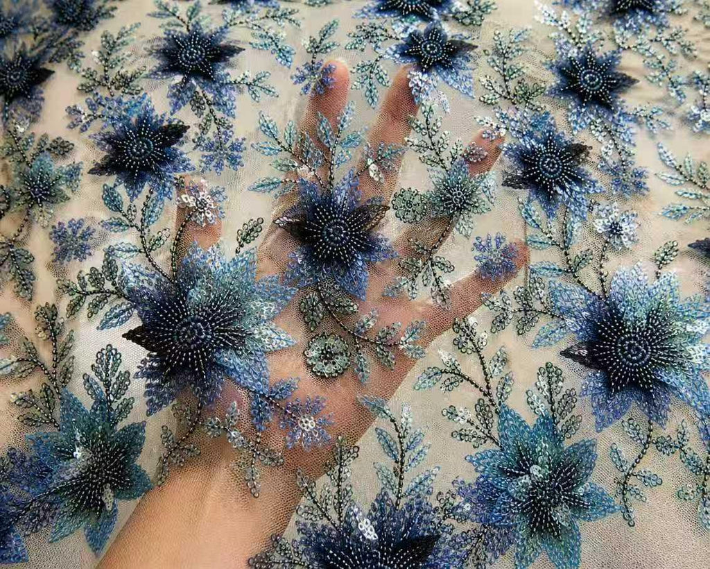 Blue Floral Beaded Lace Fabric by the Yard, 3D Sequin Embroidered Tulle Mesh, Prom Dress Evening Gown Bridal Couture Fabric