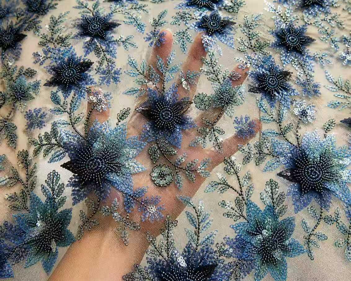 Blue Floral Beaded Lace Fabric by the Yard, 3D Sequin Embroidered Tulle Mesh, Prom Dress Evening Gown Bridal Couture Fabric