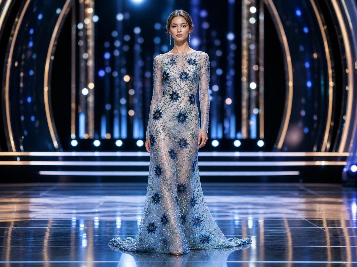 Blue Floral Beaded Lace Fabric by the Yard, 3D Sequin Embroidered Tulle Mesh, Prom Dress Evening Gown Bridal Couture Fabric