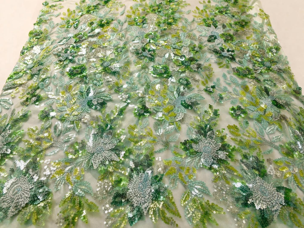 Emerald Green 3D Floral Beaded Lace Fabric, Embroidered Tulle Mesh, Pearl Sequin Bridal Wedding Dress Fabric by Yard, Couture Lace