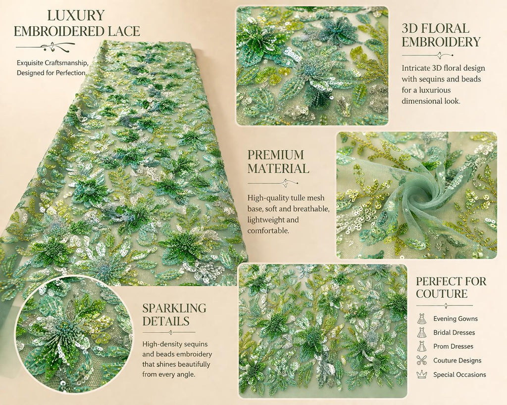 Emerald Green 3D Floral Beaded Lace Fabric, Embroidered Tulle Mesh, Pearl Sequin Bridal Wedding Dress Fabric by Yard, Couture Lace