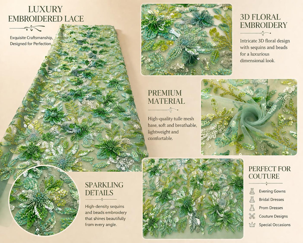 Emerald Green 3D Floral Beaded Lace Fabric, Embroidered Tulle Mesh, Pearl Sequin Bridal Wedding Dress Fabric by Yard, Couture Lace