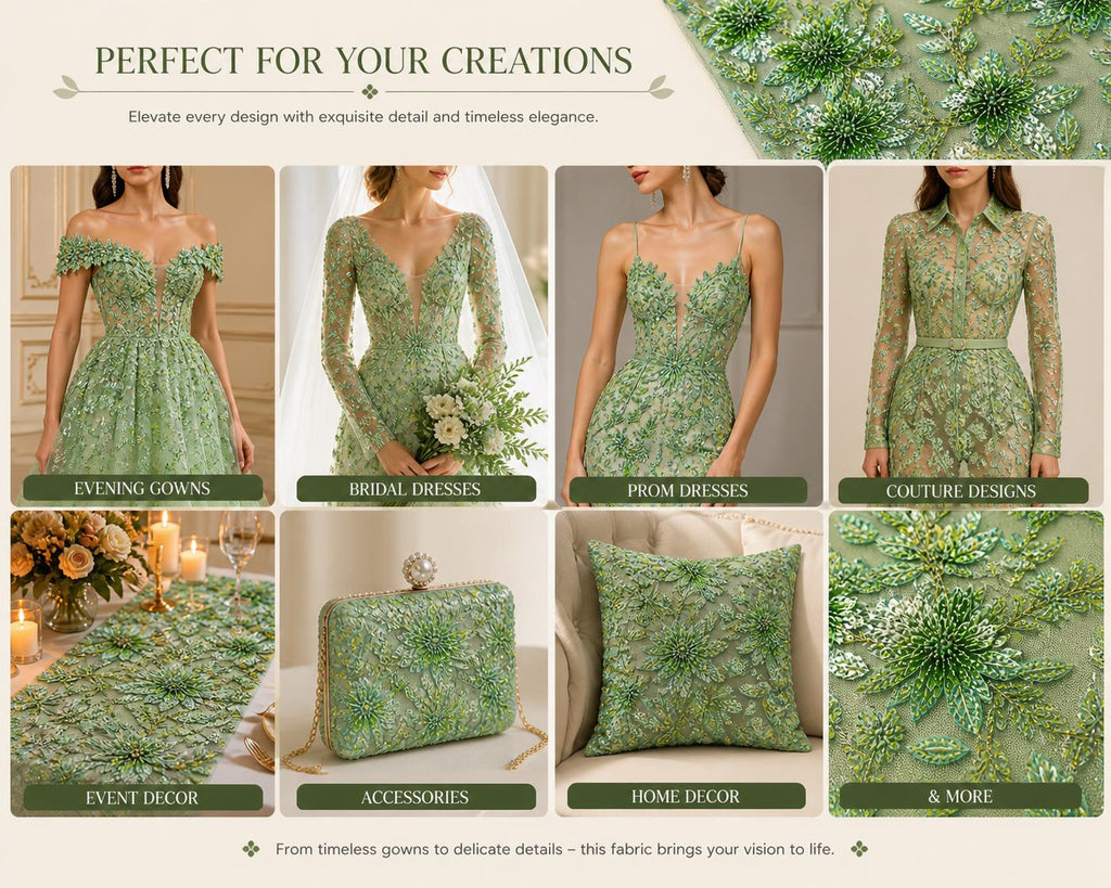 Emerald Green 3D Floral Beaded Lace Fabric, Embroidered Tulle Mesh, Pearl Sequin Bridal Wedding Dress Fabric by Yard, Couture Lace
