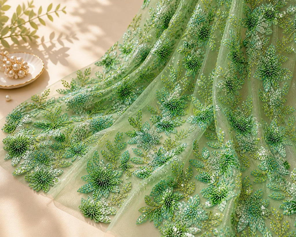 Emerald Green 3D Floral Beaded Lace Fabric, Embroidered Tulle Mesh, Pearl Sequin Bridal Wedding Dress Fabric by Yard, Couture Lace