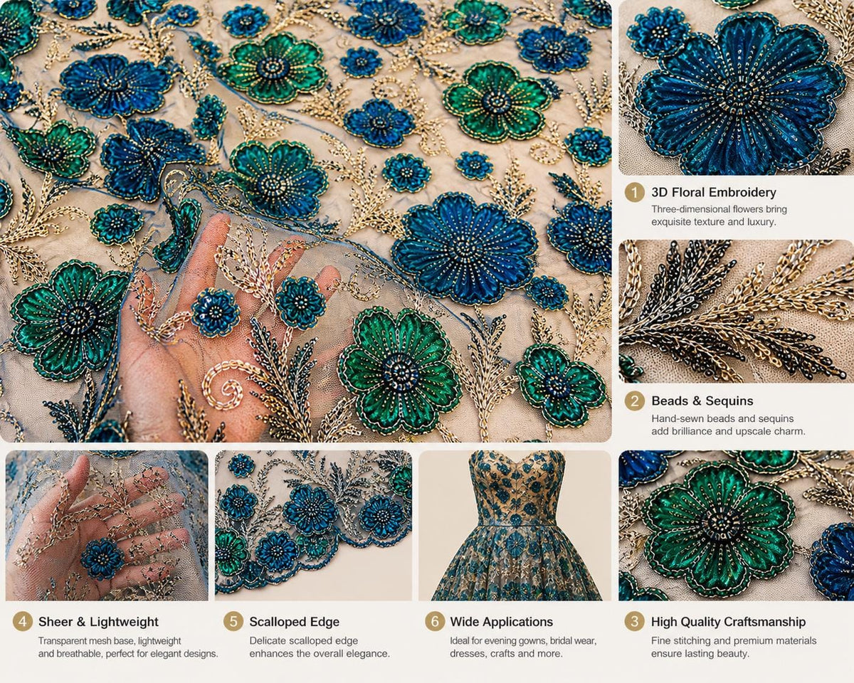 Blue Green Beaded Lace Fabric, 3D Floral Embroidery Mesh, Sequin Tulle, Luxury Evening Dress Fabric, Bridal Lace, Sold by Yard