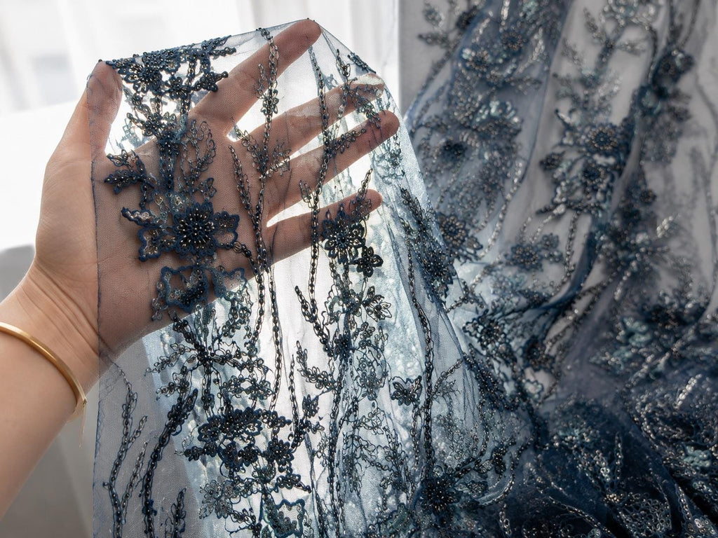 Luxury Navy Blue Embroidered Lace Fabric by Yard, Beaded Floral Mesh Tulle for Evening Dress, Bridal & Couture Gown