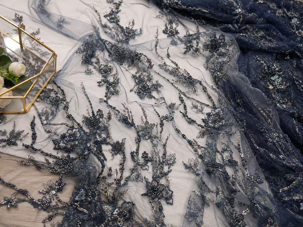Luxury Navy Blue Embroidered Lace Fabric by Yard, Beaded Floral Mesh Tulle for Evening Dress, Bridal & Couture Gown