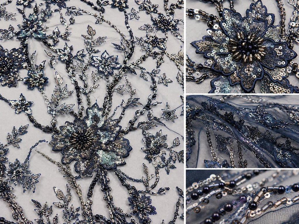 Luxury Navy Blue Embroidered Lace Fabric by Yard, Beaded Floral Mesh Tulle for Evening Dress, Bridal & Couture Gown