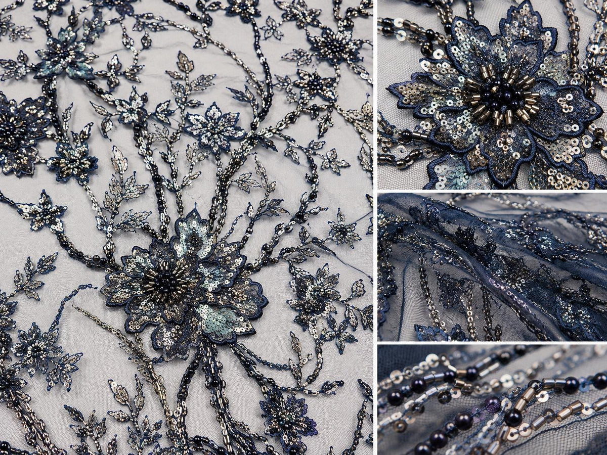 Luxury Navy Blue Embroidered Lace Fabric by Yard, Beaded Floral Mesh Tulle for Evening Dress, Bridal & Couture Gown