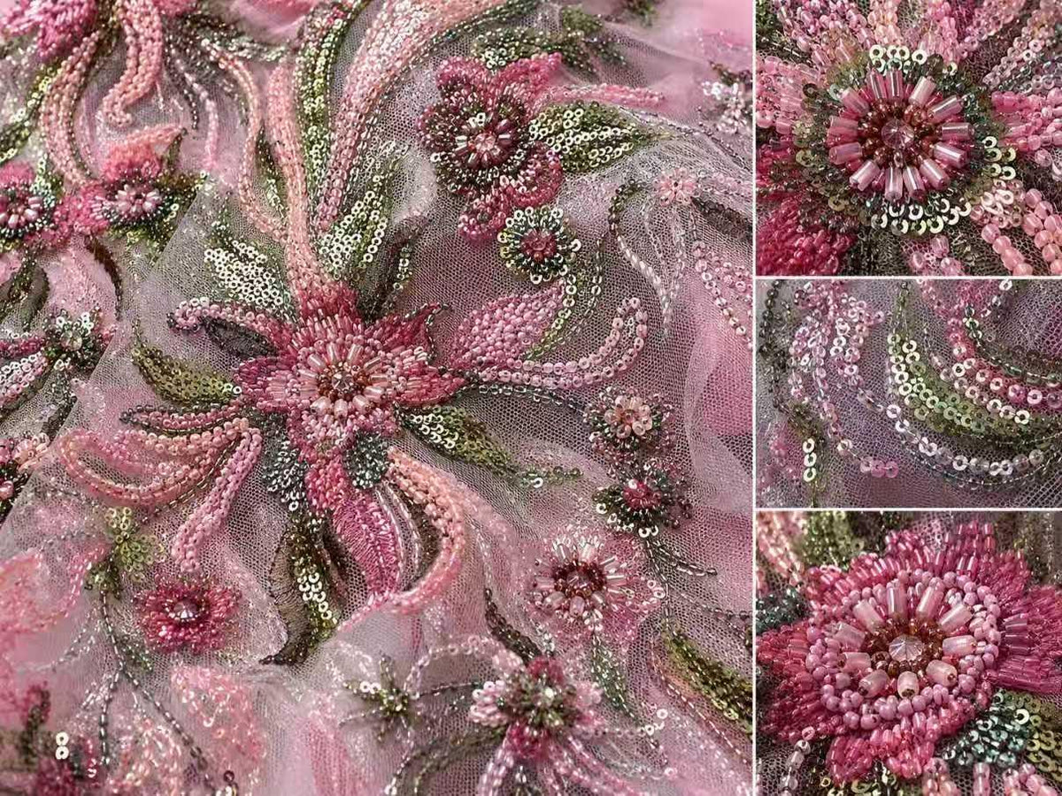 Pink Beaded Lace Fabric by Yard, 3D Floral Embroidered Tulle Mesh with Sequin Detail for Bridal Dress & Evening Gown