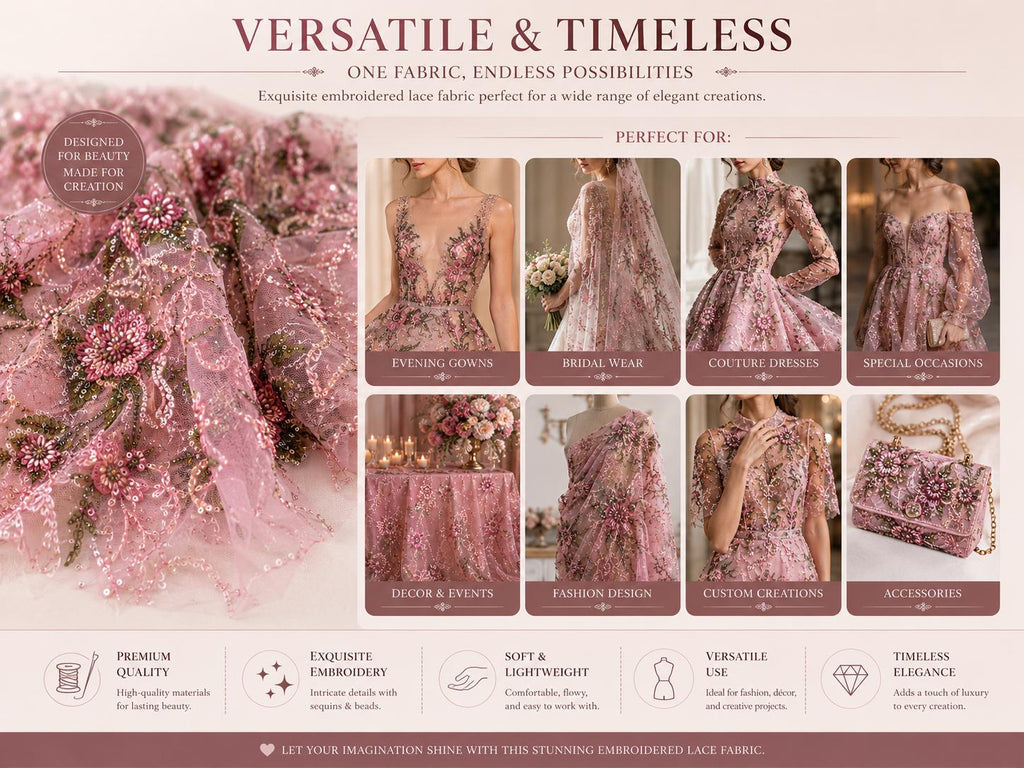Pink Beaded Lace Fabric by Yard, 3D Floral Embroidered Tulle Mesh with Sequin Detail for Bridal Dress & Evening Gown