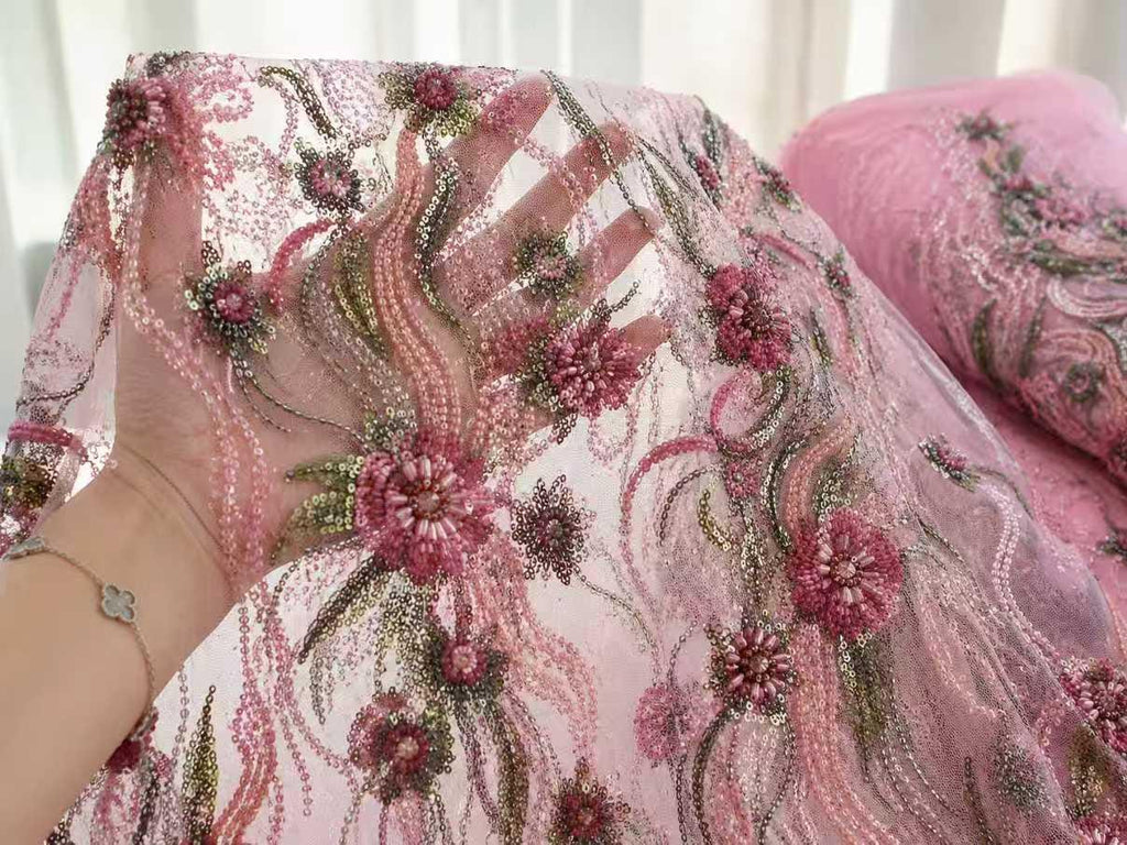 Pink Beaded Lace Fabric by Yard, 3D Floral Embroidered Tulle Mesh with Sequin Detail for Bridal Dress & Evening Gown