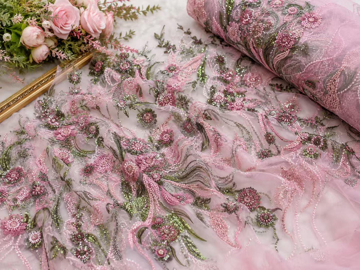 Pink Beaded Lace Fabric by Yard, 3D Floral Embroidered Tulle Mesh with Sequin Detail for Bridal Dress & Evening Gown