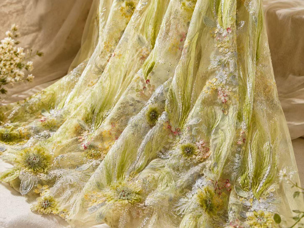 Luxury 3D Floral Beaded Lace Fabric, Couture Sequin Embroidered Mesh Fabric for Bridal Dress, Evening Gown, Wedding