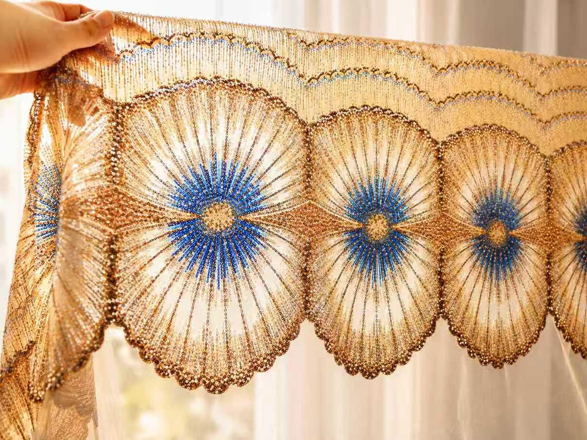 Luxury Beaded Sequin Lace Fabric by Yard, Champagne Gold Embroidered Mesh for Evening Gown & Couture Dress