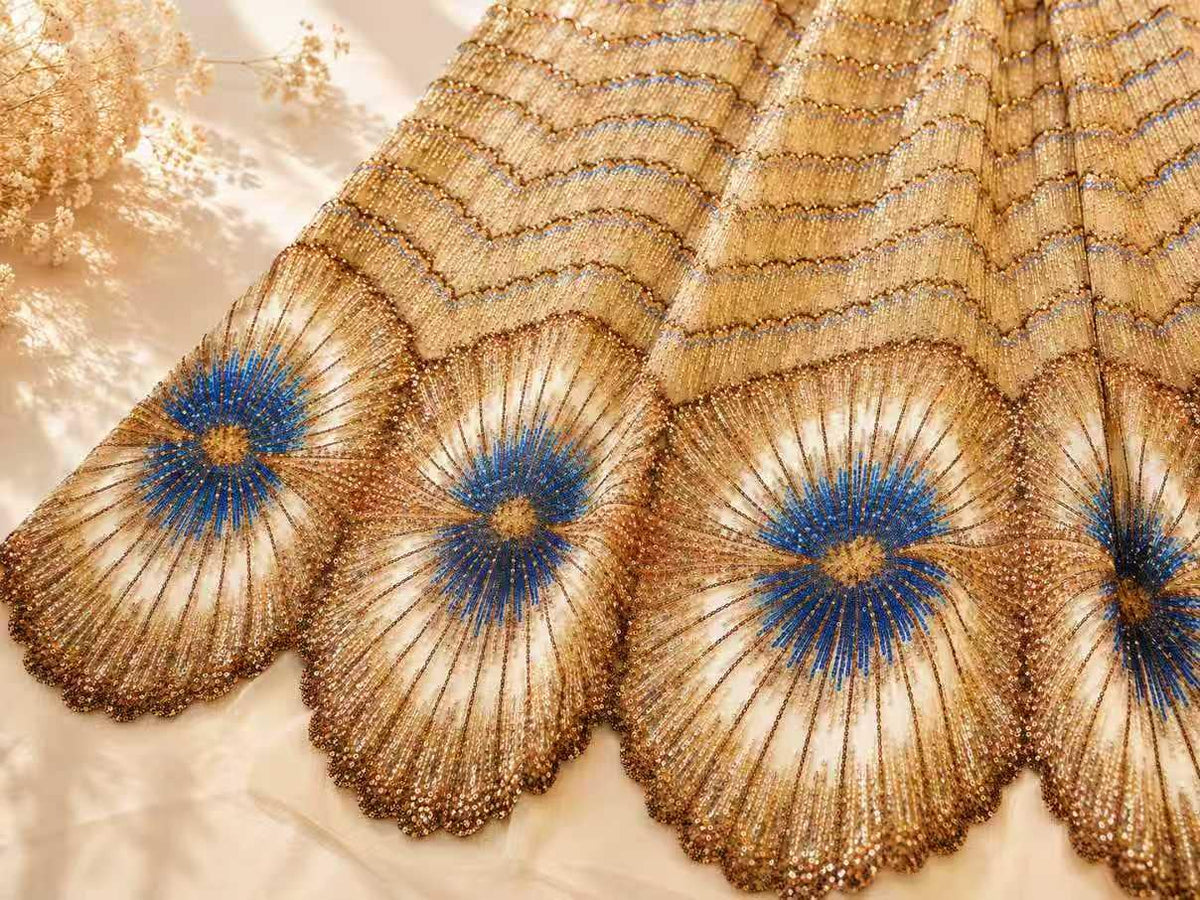 Luxury Beaded Sequin Lace Fabric by Yard, Champagne Gold Embroidered Mesh for Evening Gown & Couture Dress
