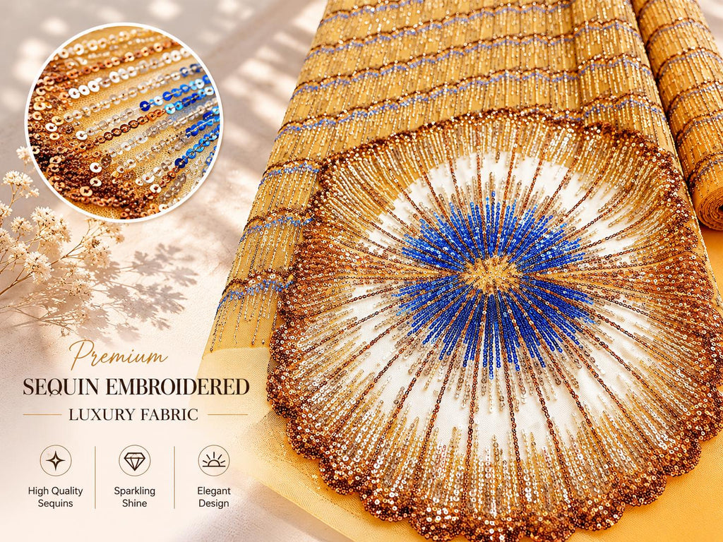 Luxury Beaded Sequin Lace Fabric by Yard, Champagne Gold Embroidered Mesh for Evening Gown & Couture Dress