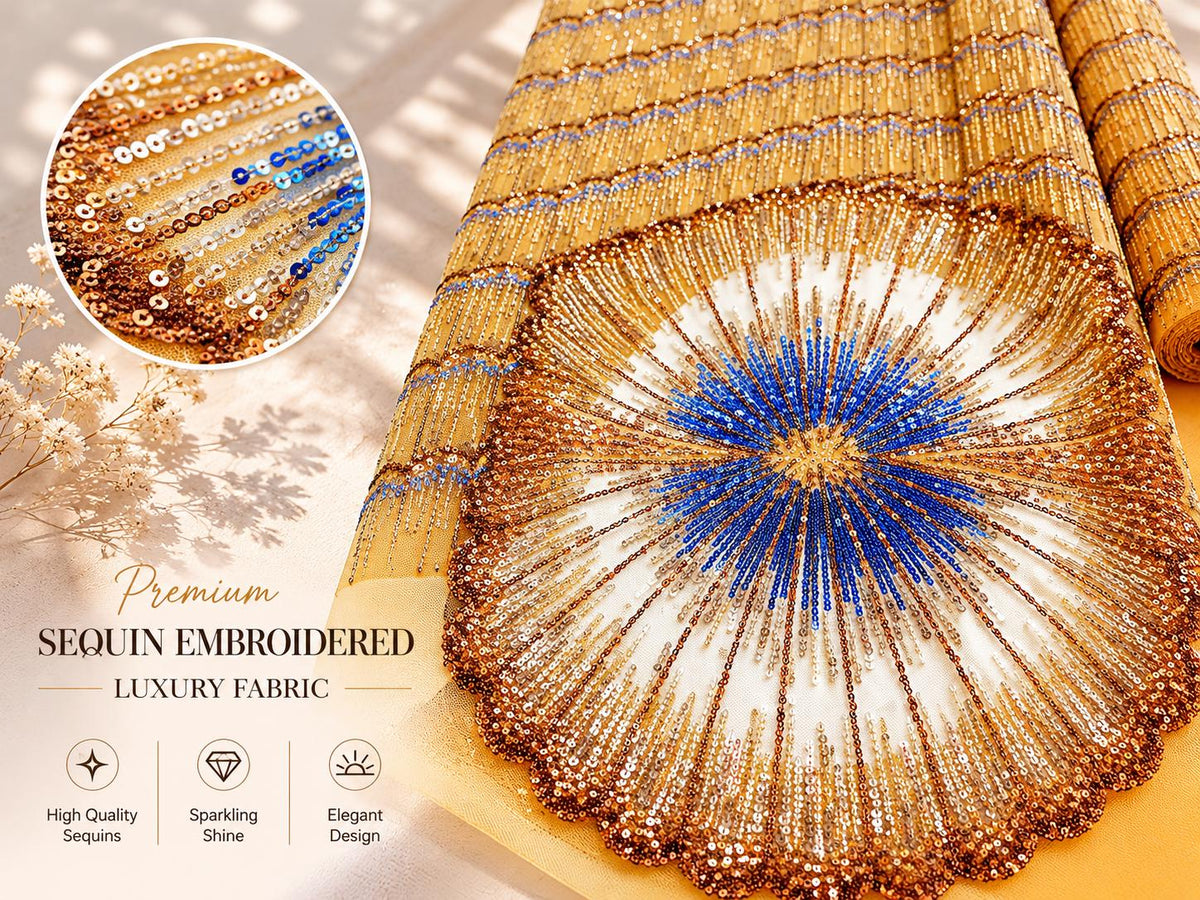 Luxury Beaded Sequin Lace Fabric by Yard, Champagne Gold Embroidered Mesh for Evening Gown & Couture Dress